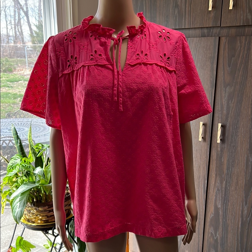 Ann Taylor Pink Eyelet Women's Top, 100% Cotton, Like New, Size Small Tall (ST)